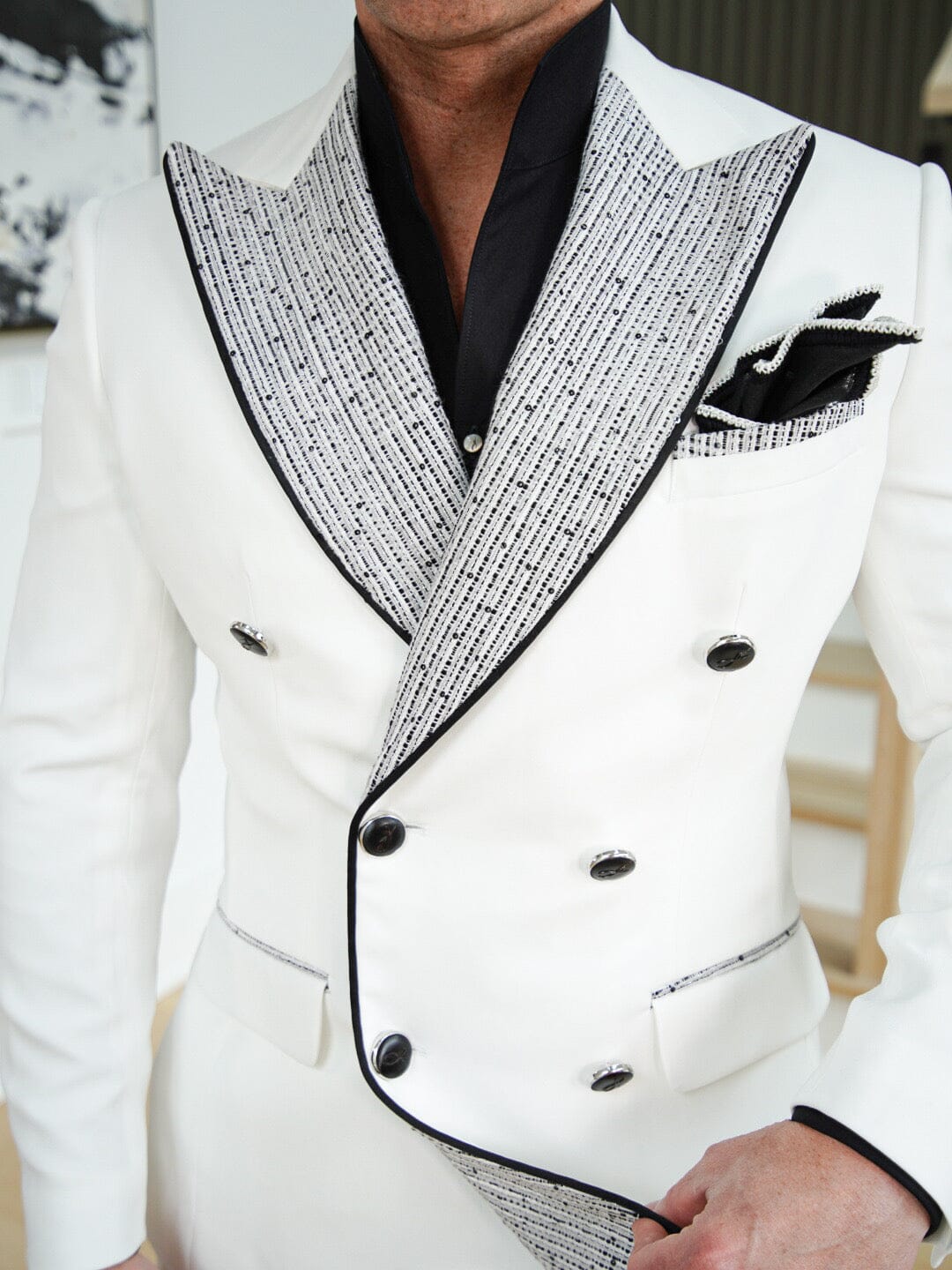 Bianco Tweed Paillette Double Breasted Jacket