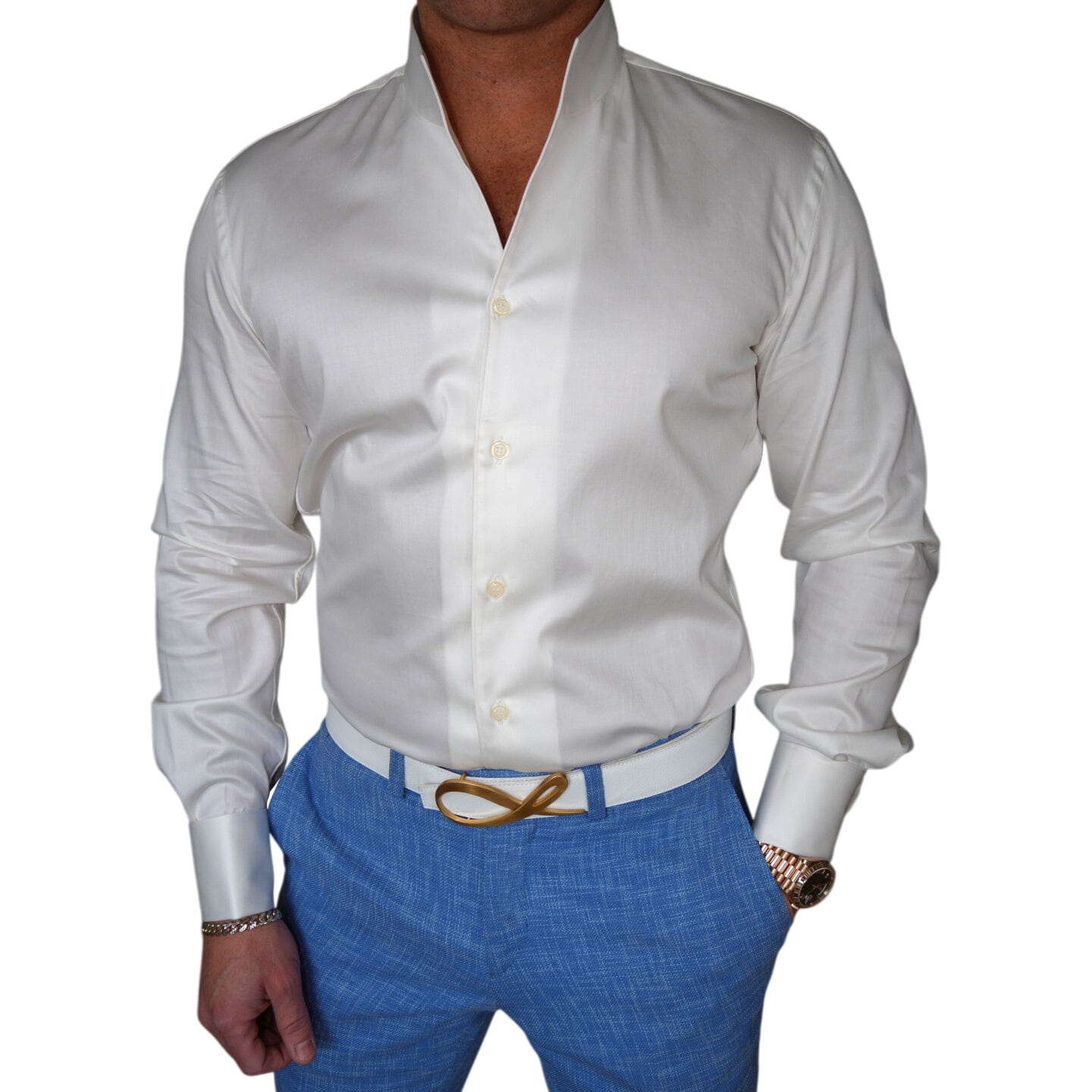 pearl white dress shirt Pearl White Stretch High Collar Shirt