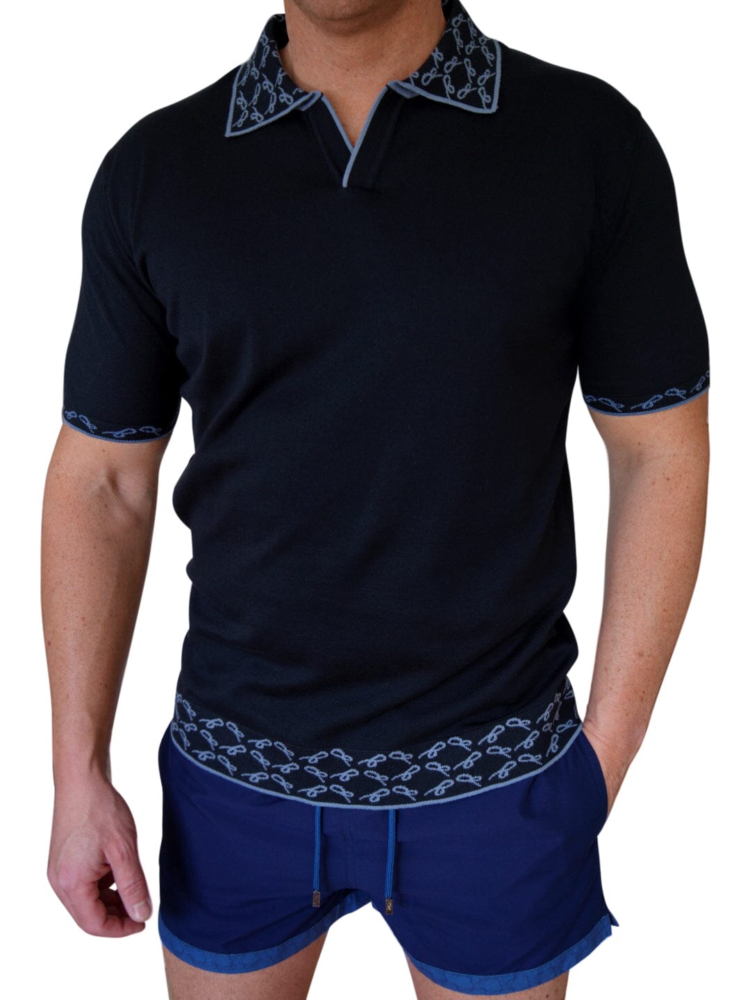 Indaco Signature Logo Knit Contrast V Neck Polo
