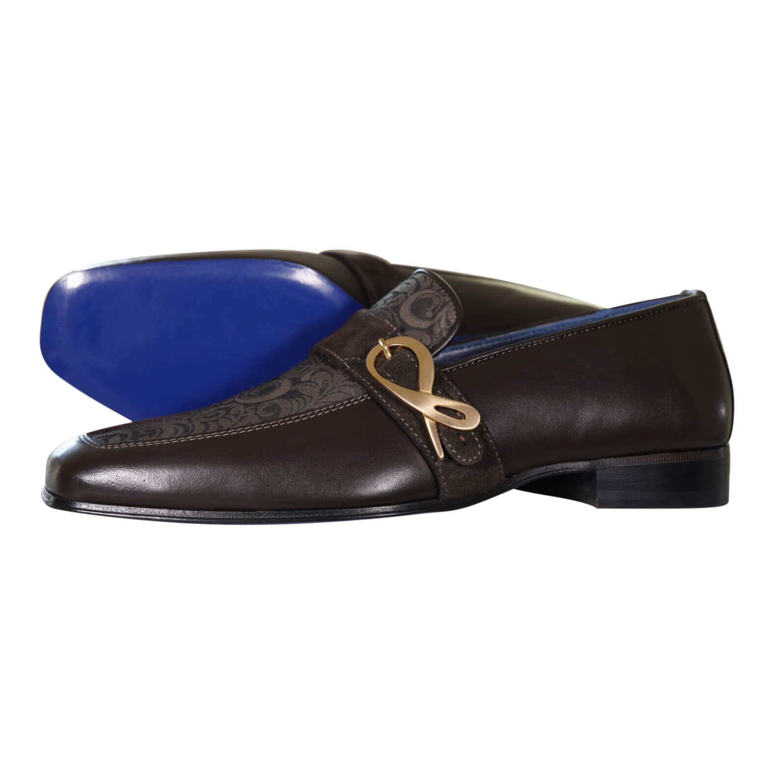 Chocolate Damascata Monk Loafers With Yellow Gold Buckle