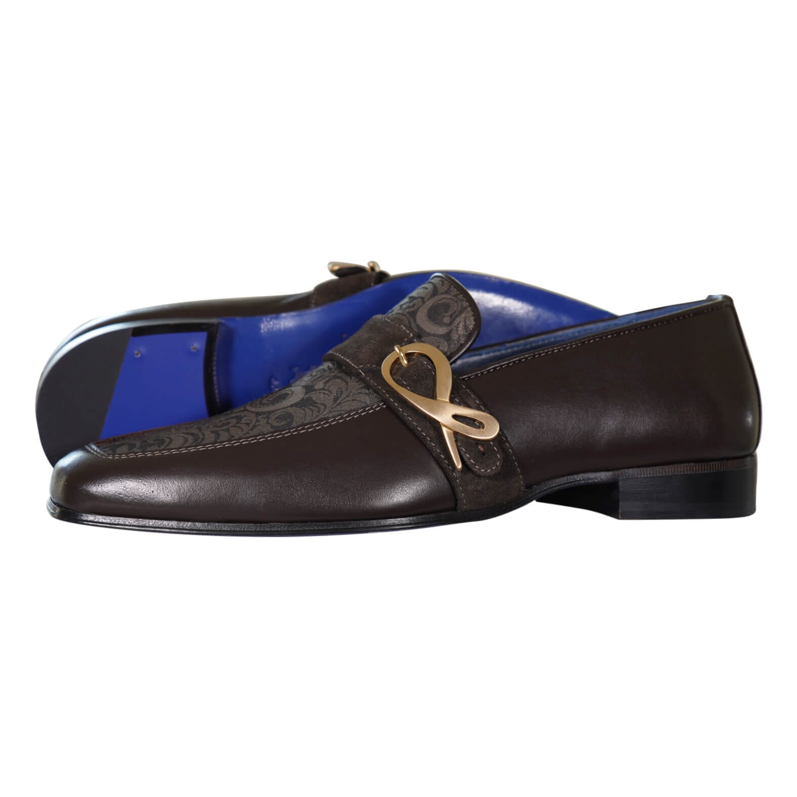 Chocolate Damascata Monk Loafers With Yellow Gold Buckle
