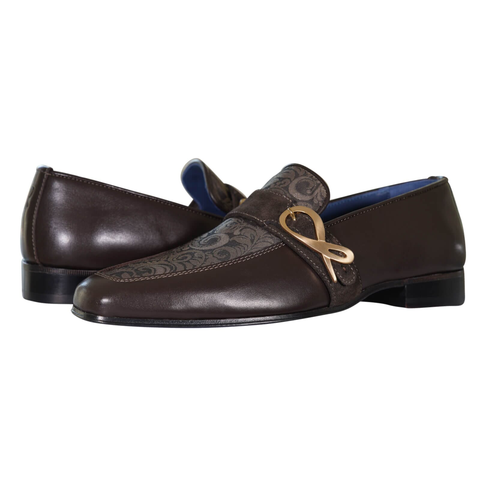 Chocolate Damascata Monk Loafers With Yellow Gold Buckle