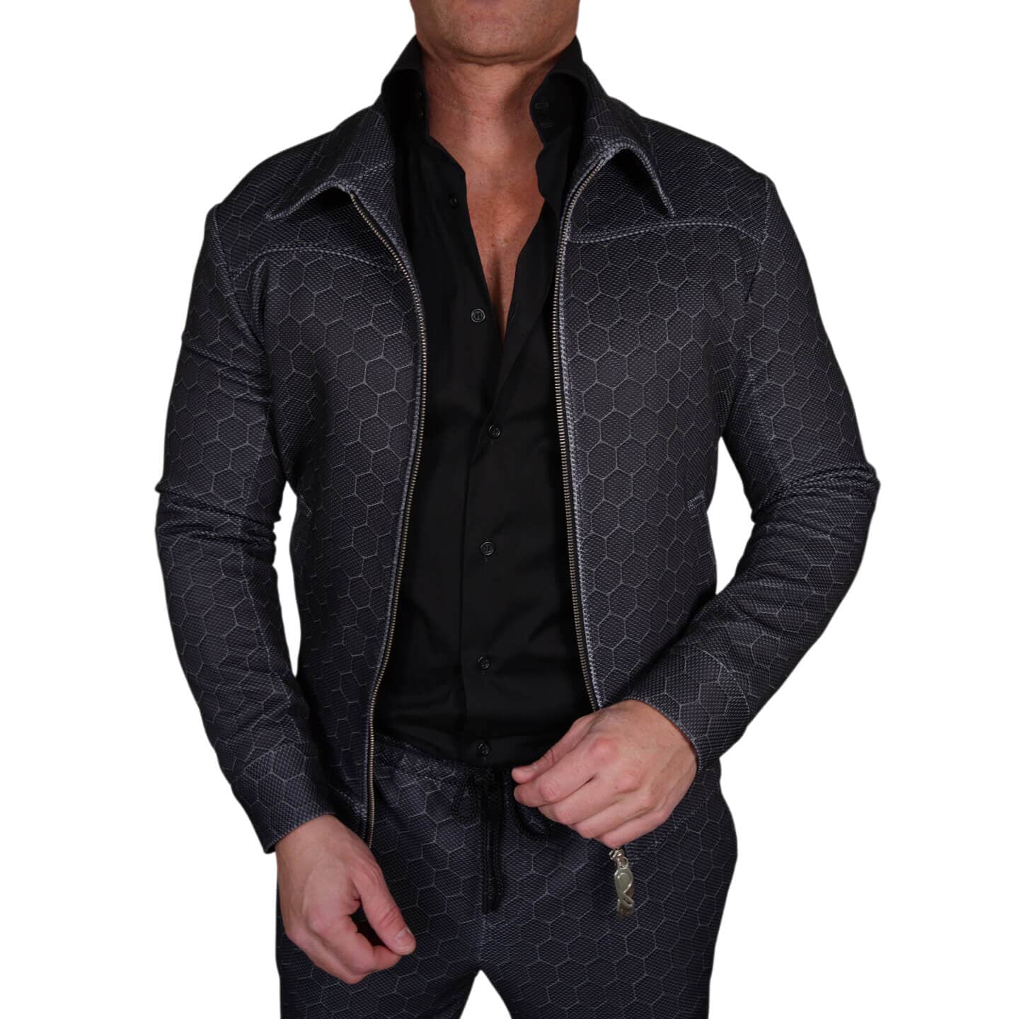 Charcoal Honeycomb Luxury Performance Two Way Bomber Jacket