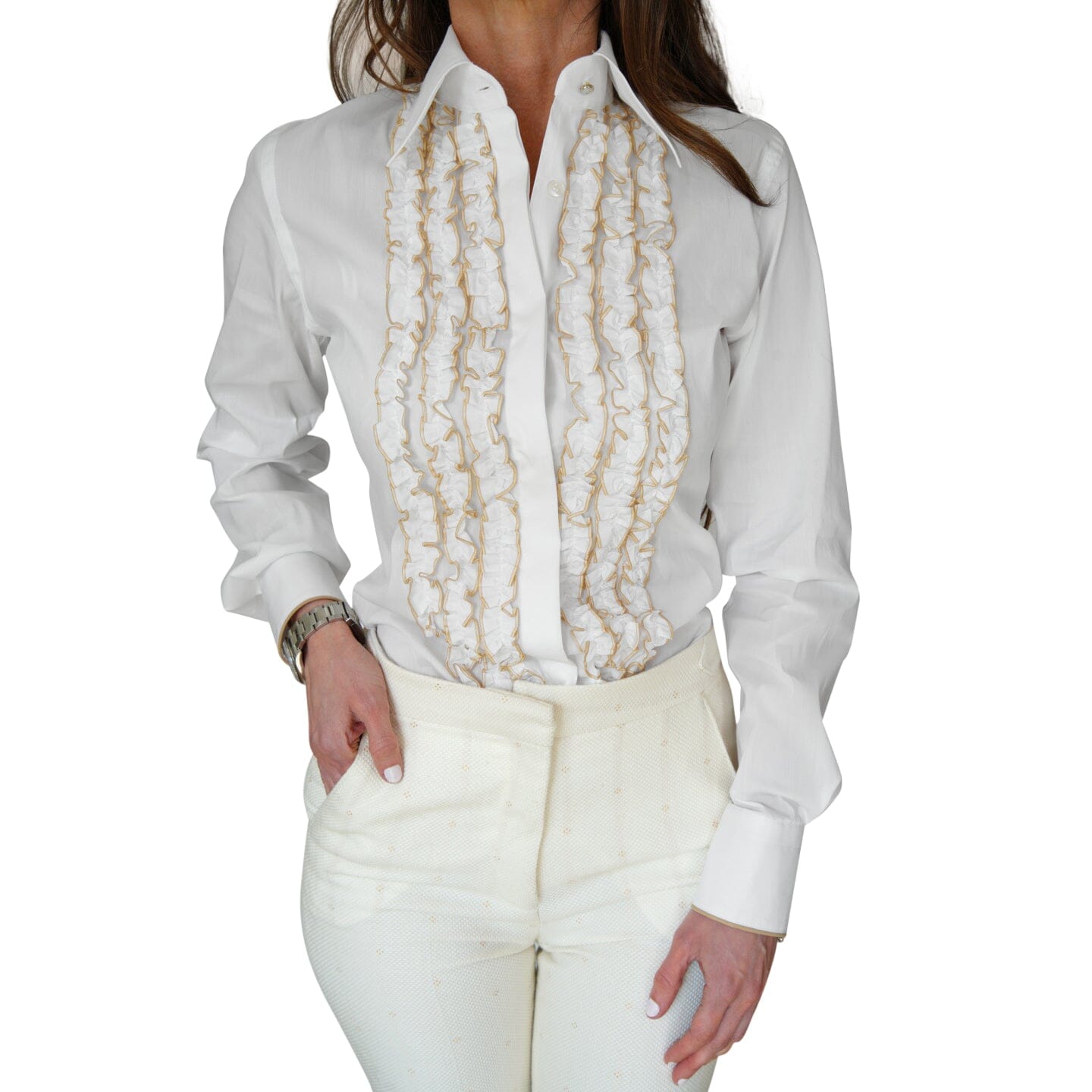 Fronzoli Tuxedo Blouse In White Gold