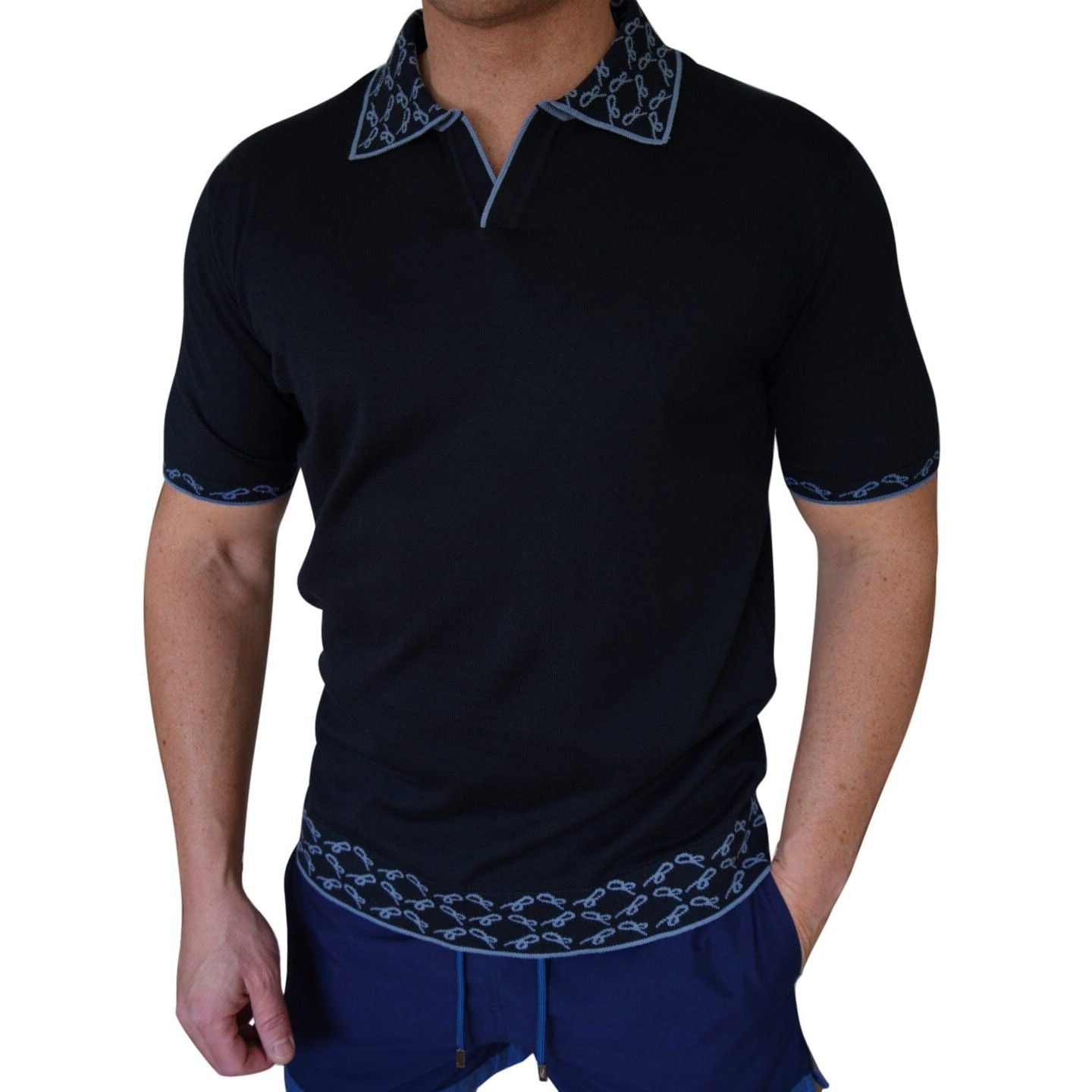 Indaco Signature Logo Knit Contrast V Neck Polo