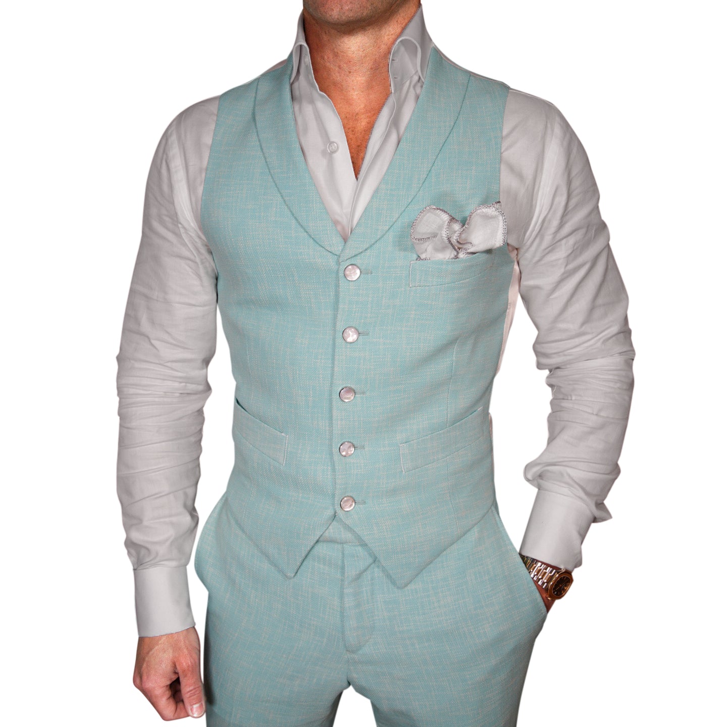 Blu Ciano Lino Tweed Ciottoli Waistcoat