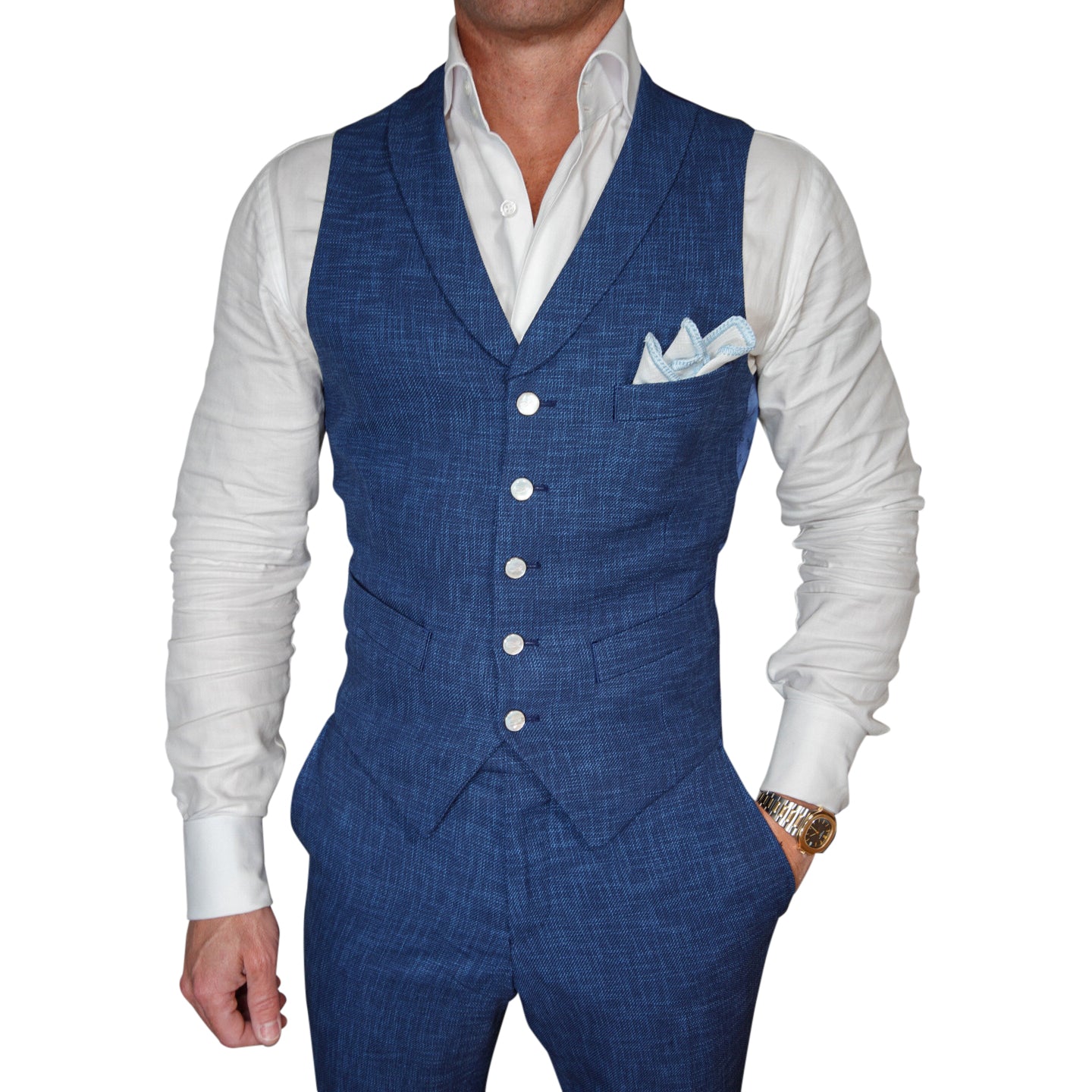 Prussian Blu Lino Tweed Ciottoli Waistcoat @ The Vault