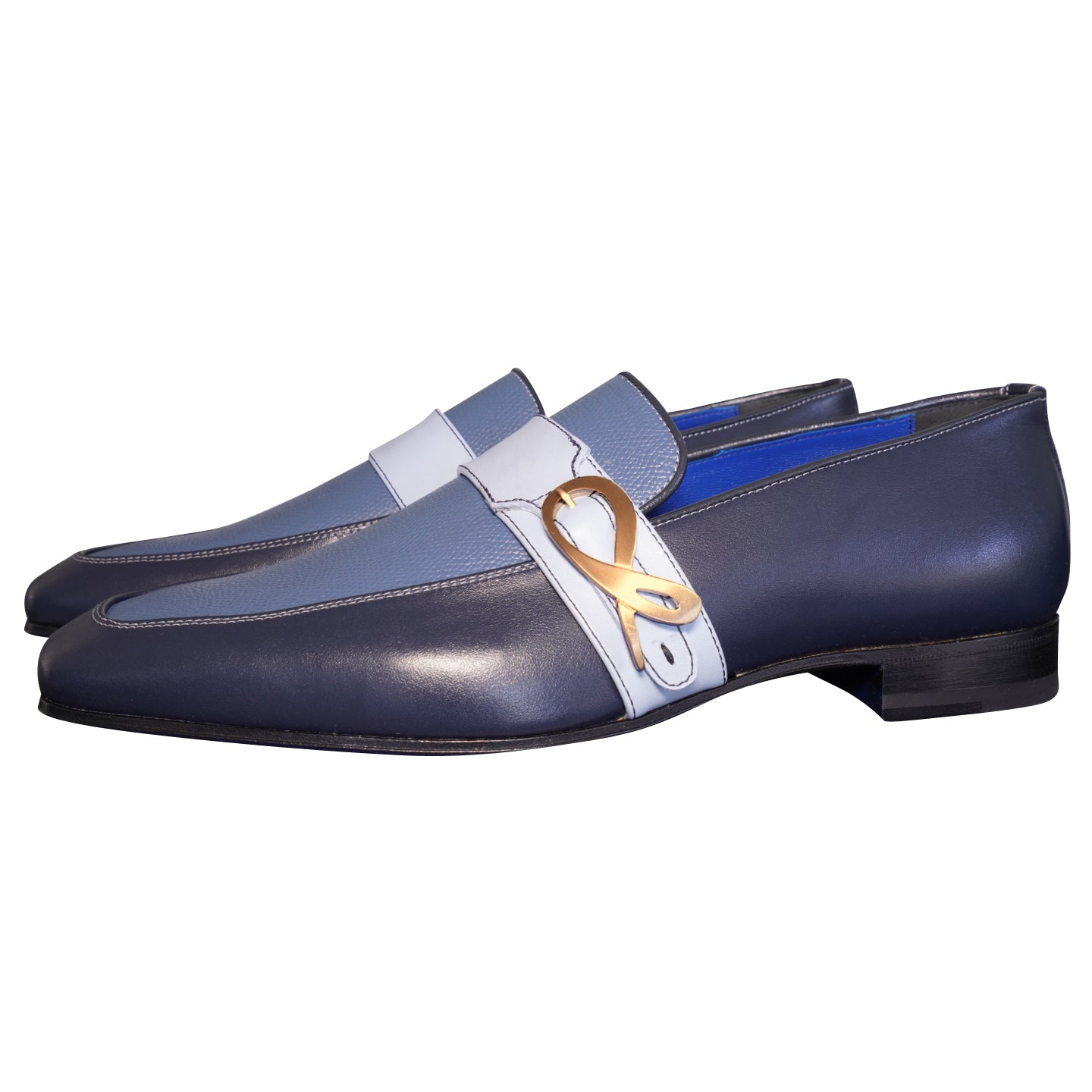 Blu Maya Leather Monk Strap loafer With Rose Gold Buckle