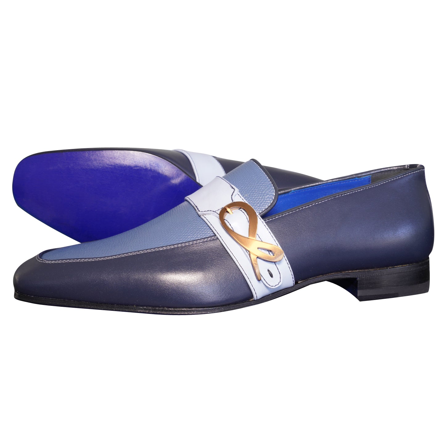 navy blue dress with rose gold shoes Blu Maya Leather Monk Strap loafer With Rose Gold Buckle 50