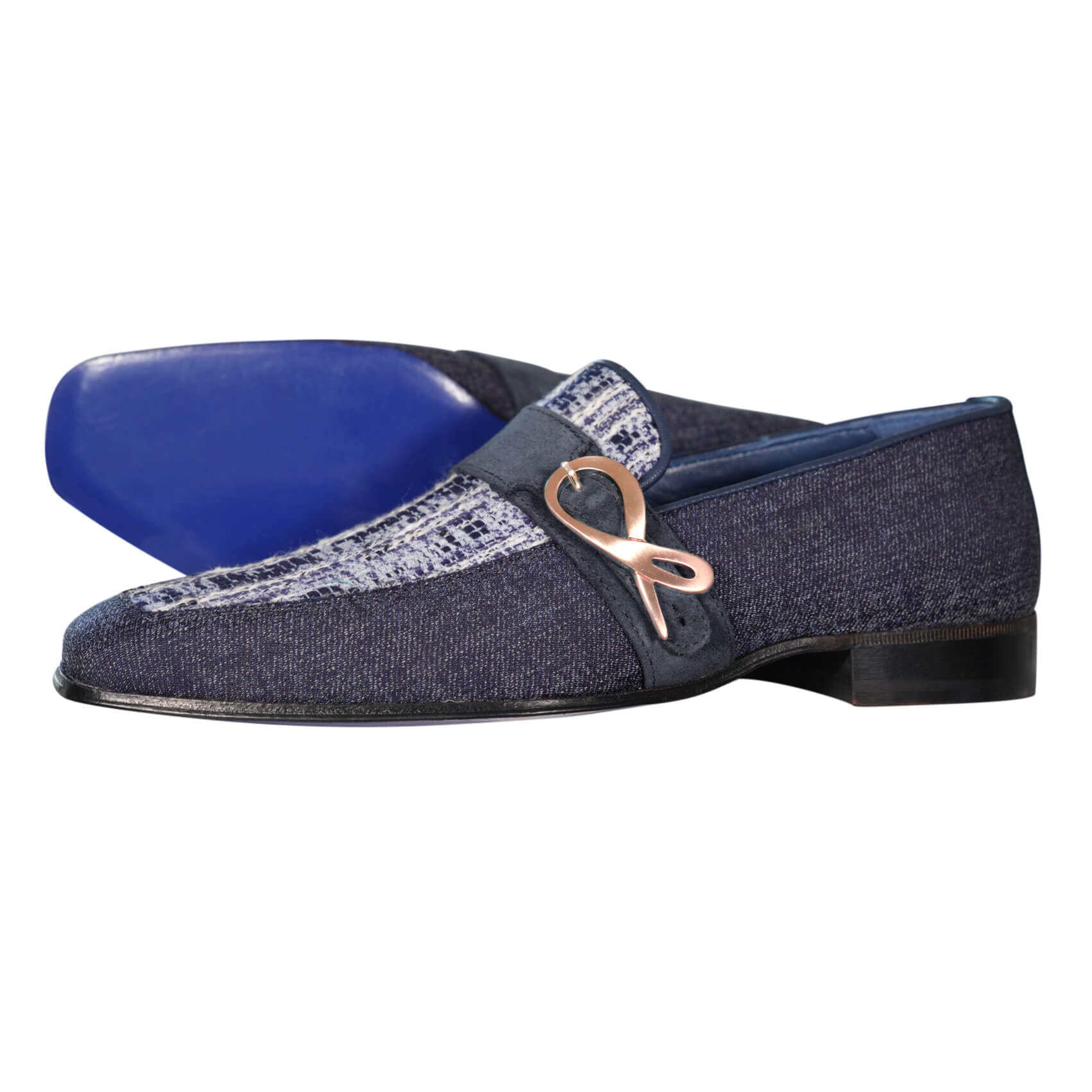 Vintage Denim Tweed Rose Gold Monk Loafer