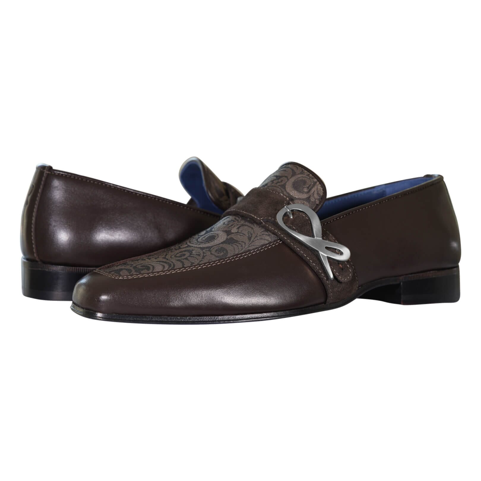 Chocolate Damascata Monk Loafers With Silver Buckle