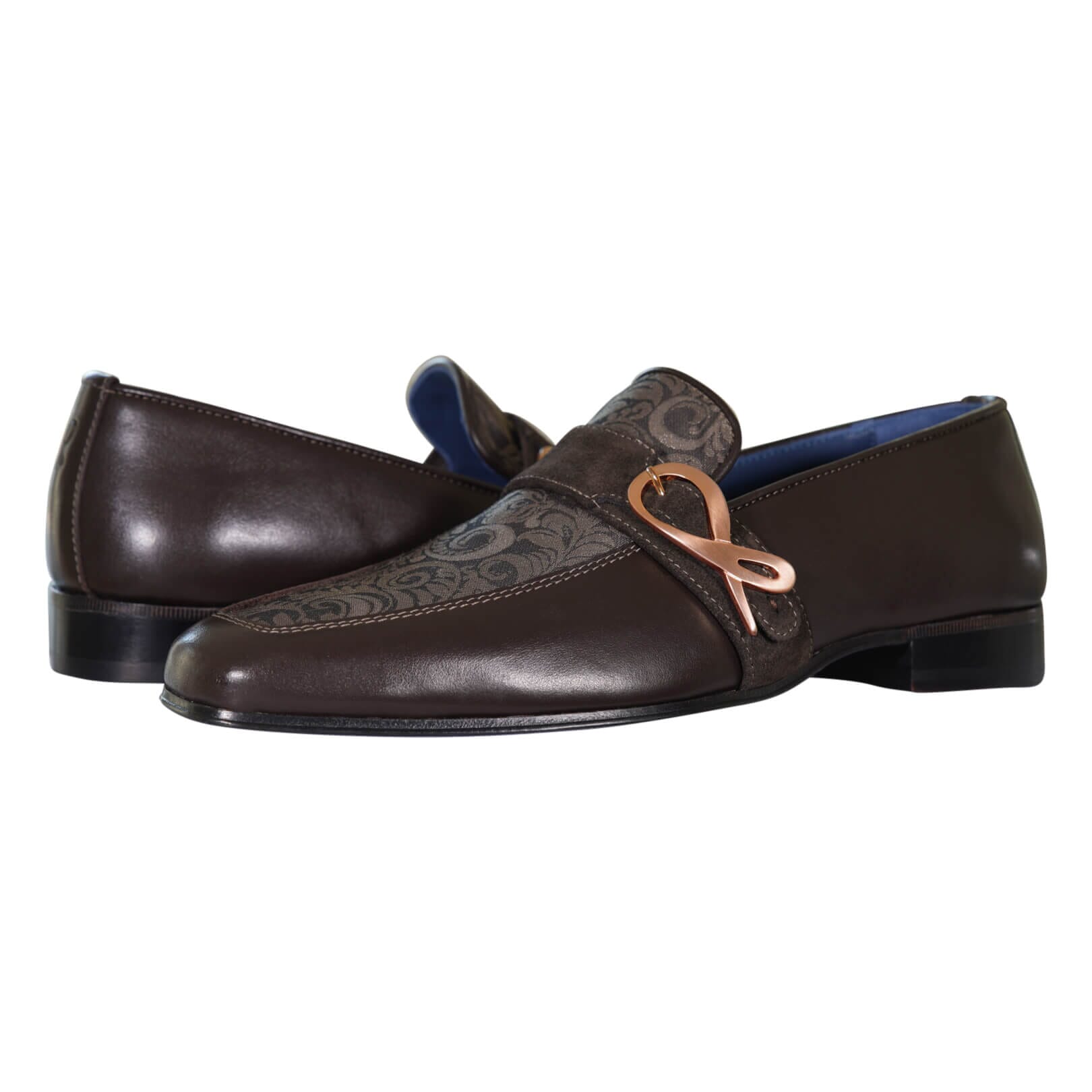 Chocolate Damascata Monk Loafers With Rose Gold Buckle