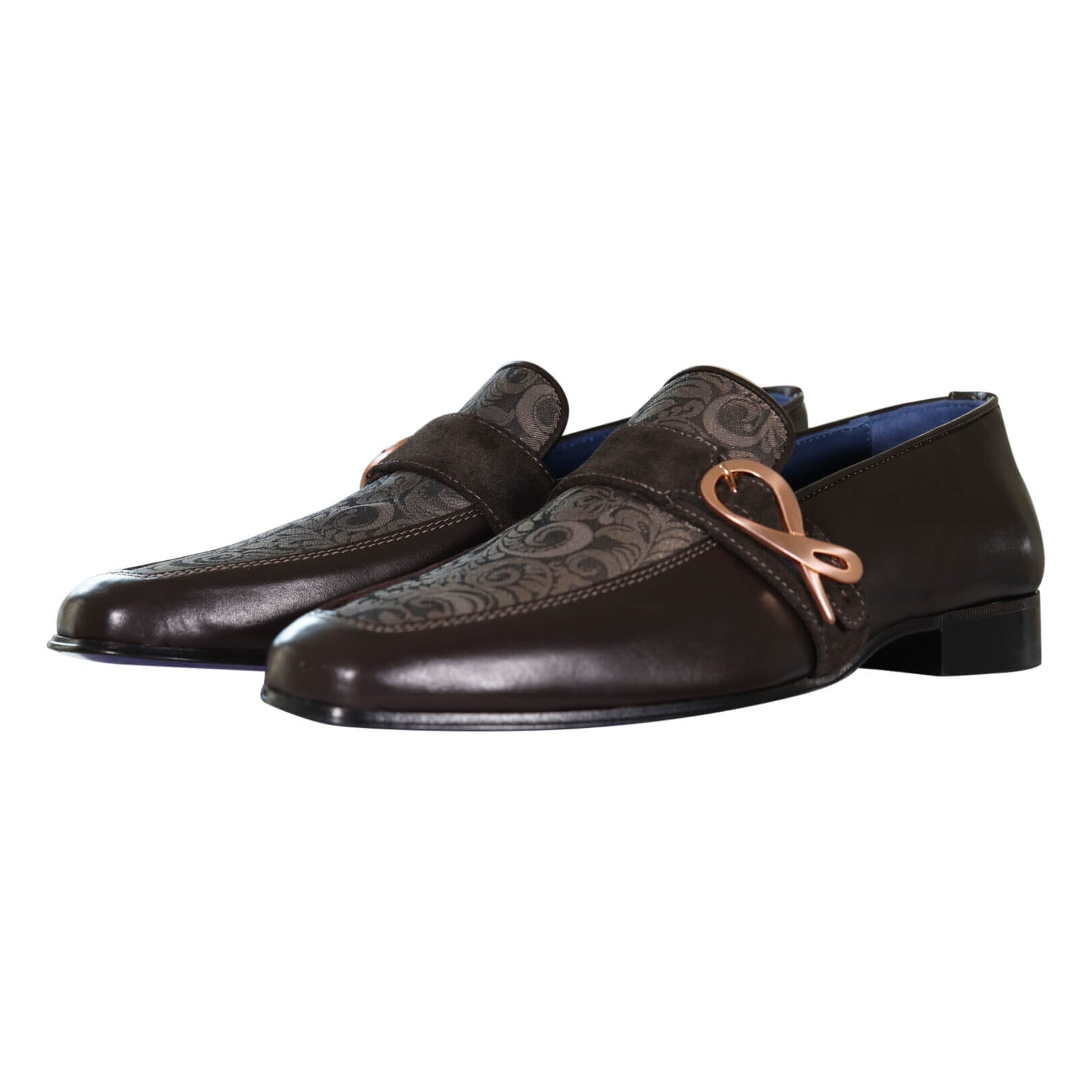 Chocolate Damascata Monk Loafers With Rose Gold Buckle