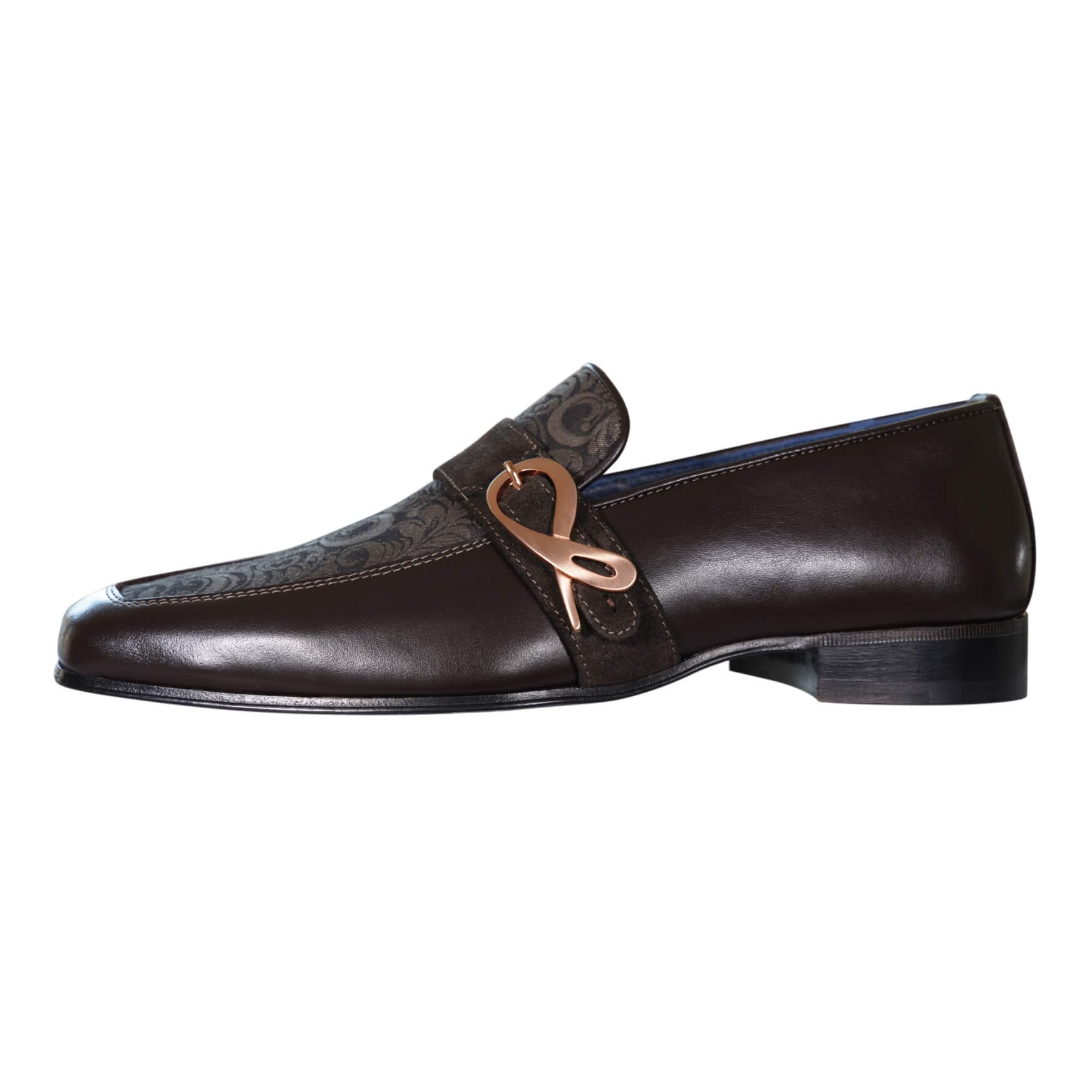 Chocolate Damascata Monk Loafers With Rose Gold Buckle