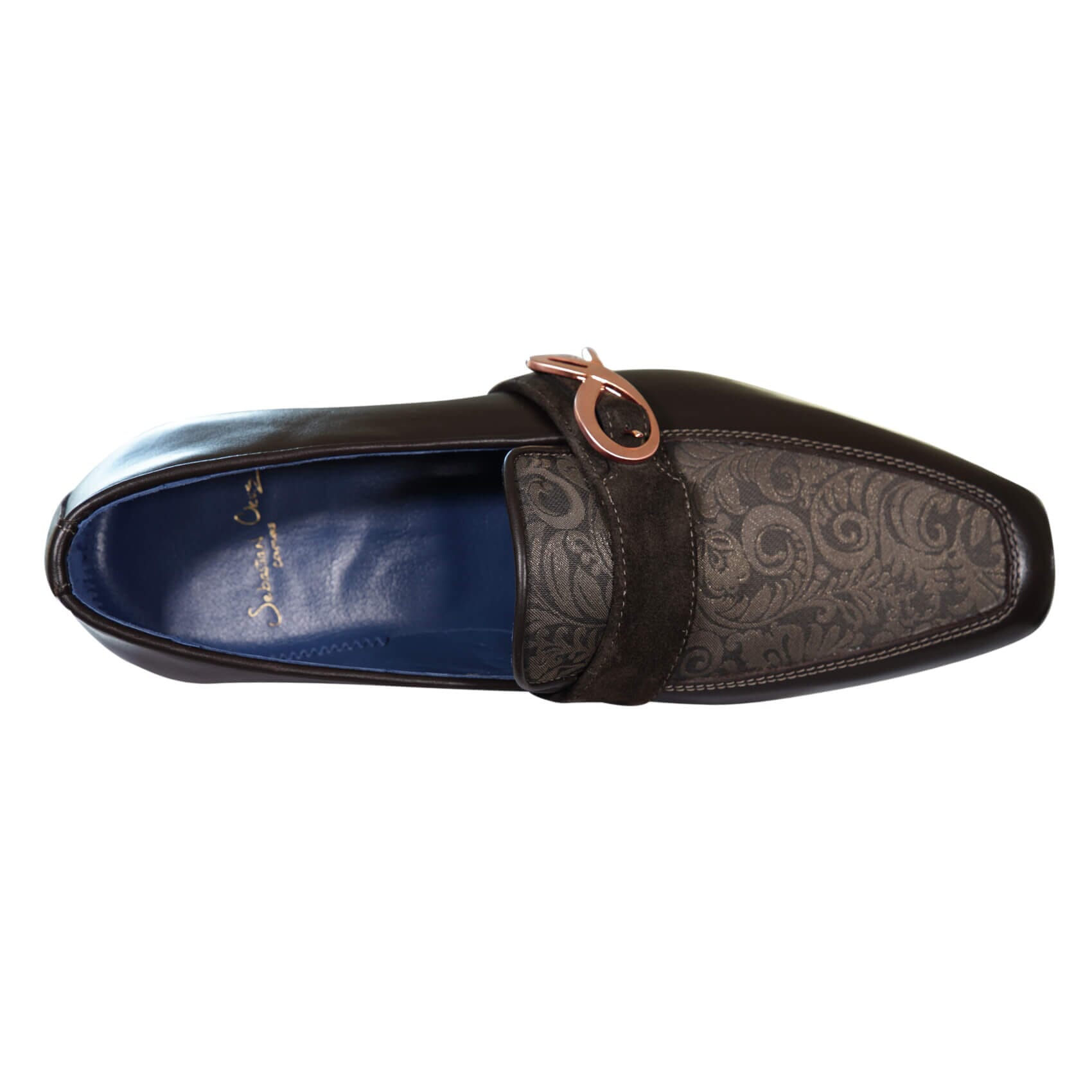 Chocolate Damascata Monk Loafers With Rose Gold Buckle