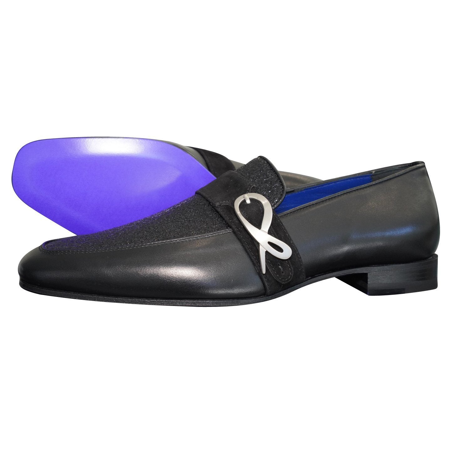 Black Diamante Leather Monk Silver Loafer