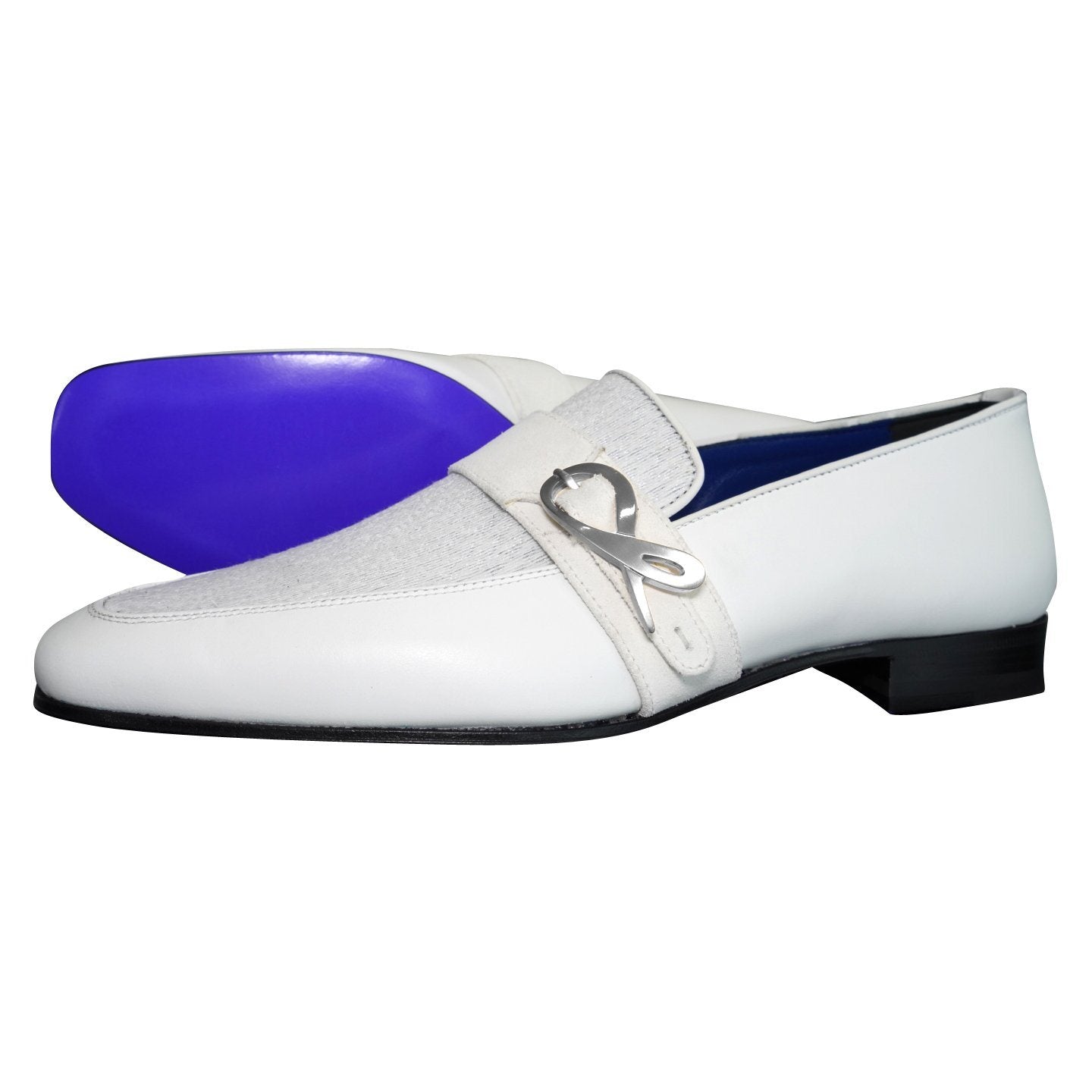 White Diamante Leather Monk Silver Loafers - Main Image