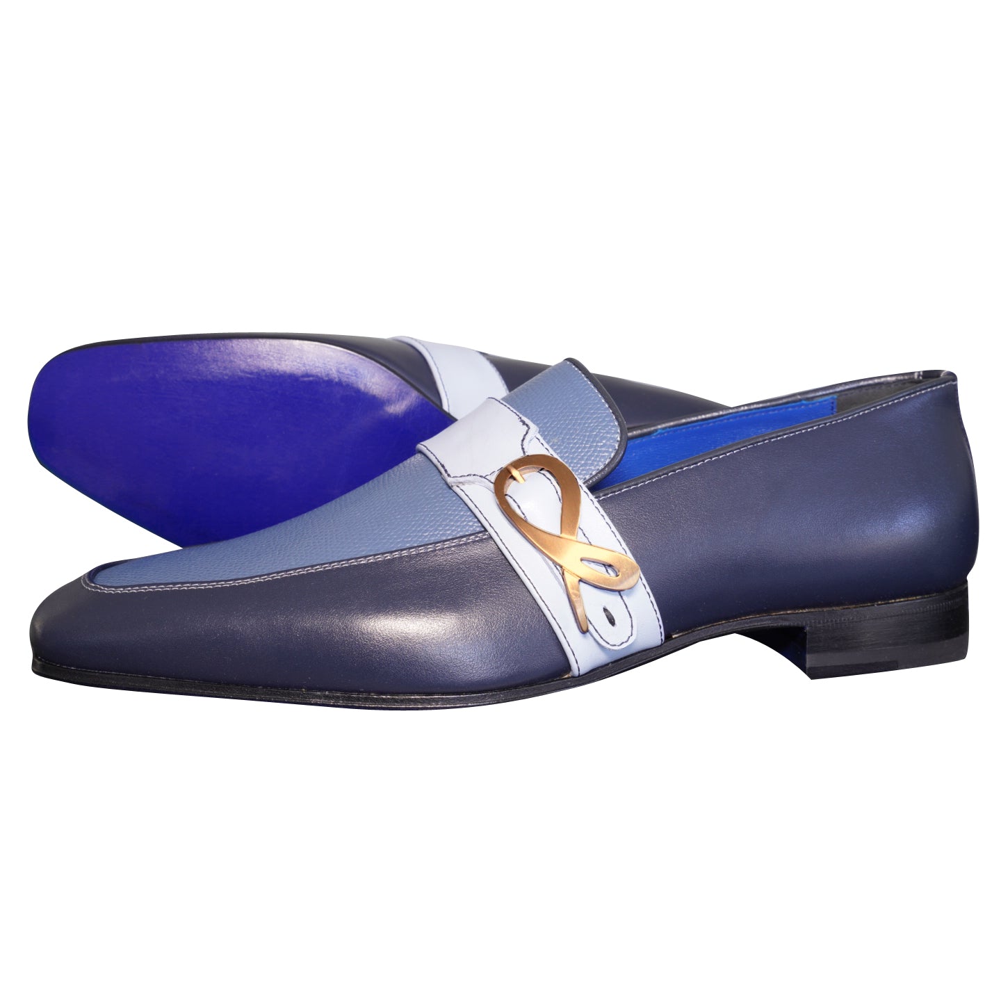 Blu Maya Leather Monk Strap loafer With Rose Gold Buckle