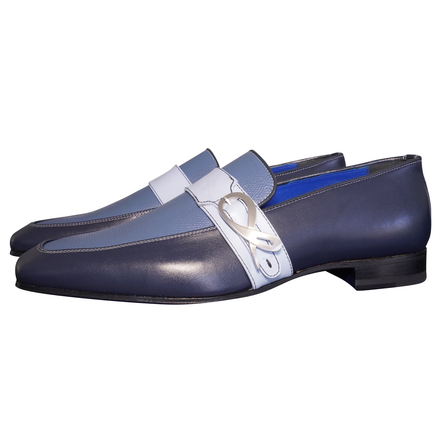 Blu Maya Leather Monk Strap loafer With Silver Buckle