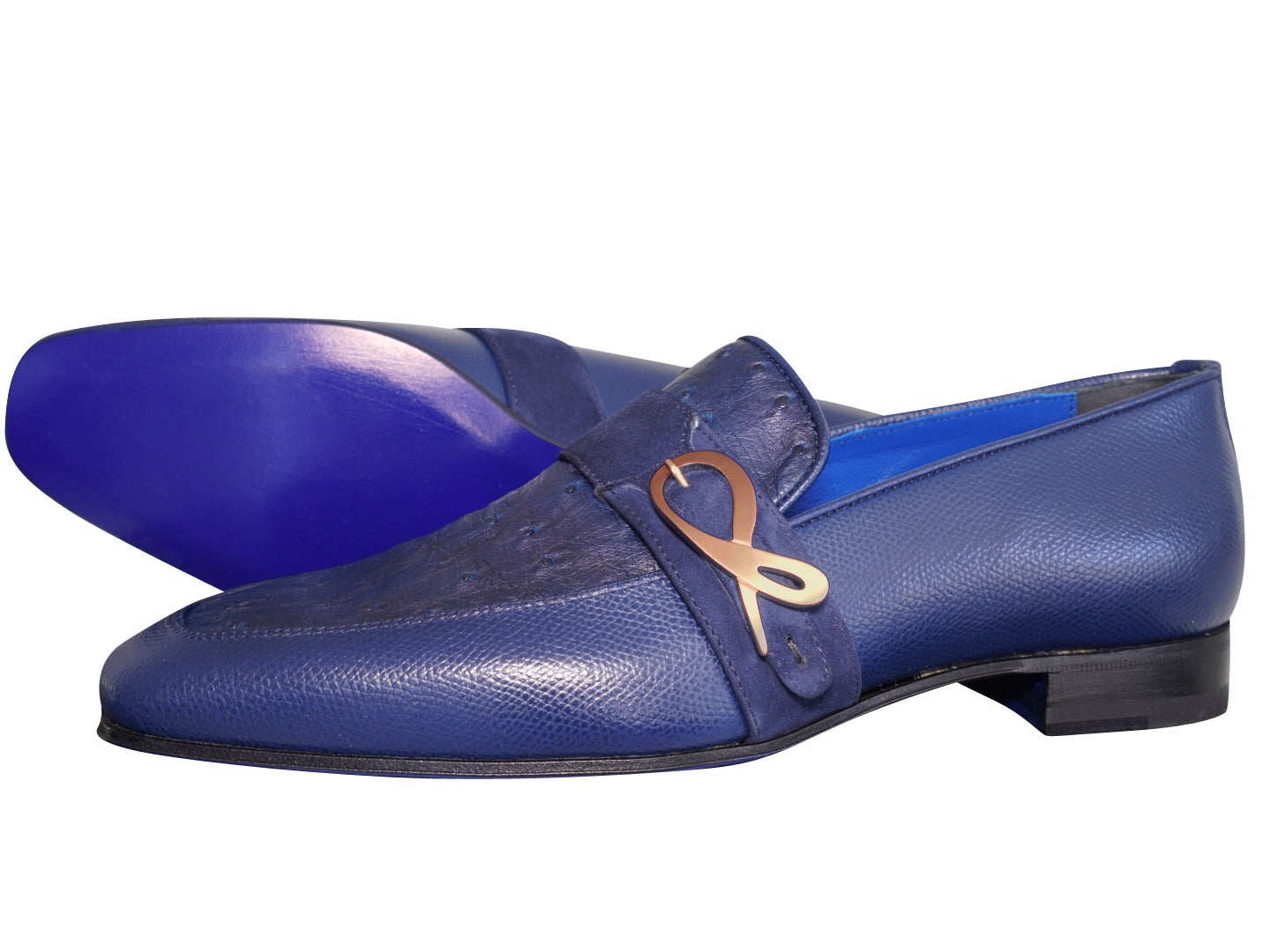 Indigo Ostrich Monk Rose Gold Loafer