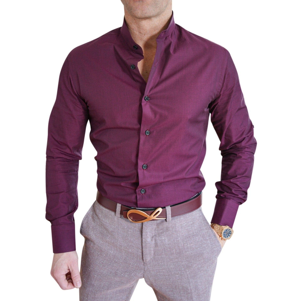 eggplant color dress shirt Men's Classic Long Sleeve Solid Color Barrel Cuff Dress Shirt (Eggplant, 2XL 36/37)