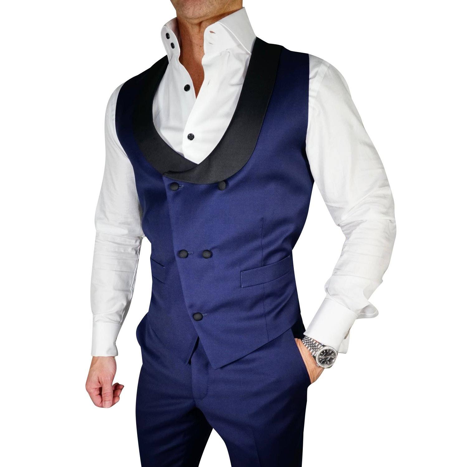 Navy Blue and Black Double Breasted Waistcoat