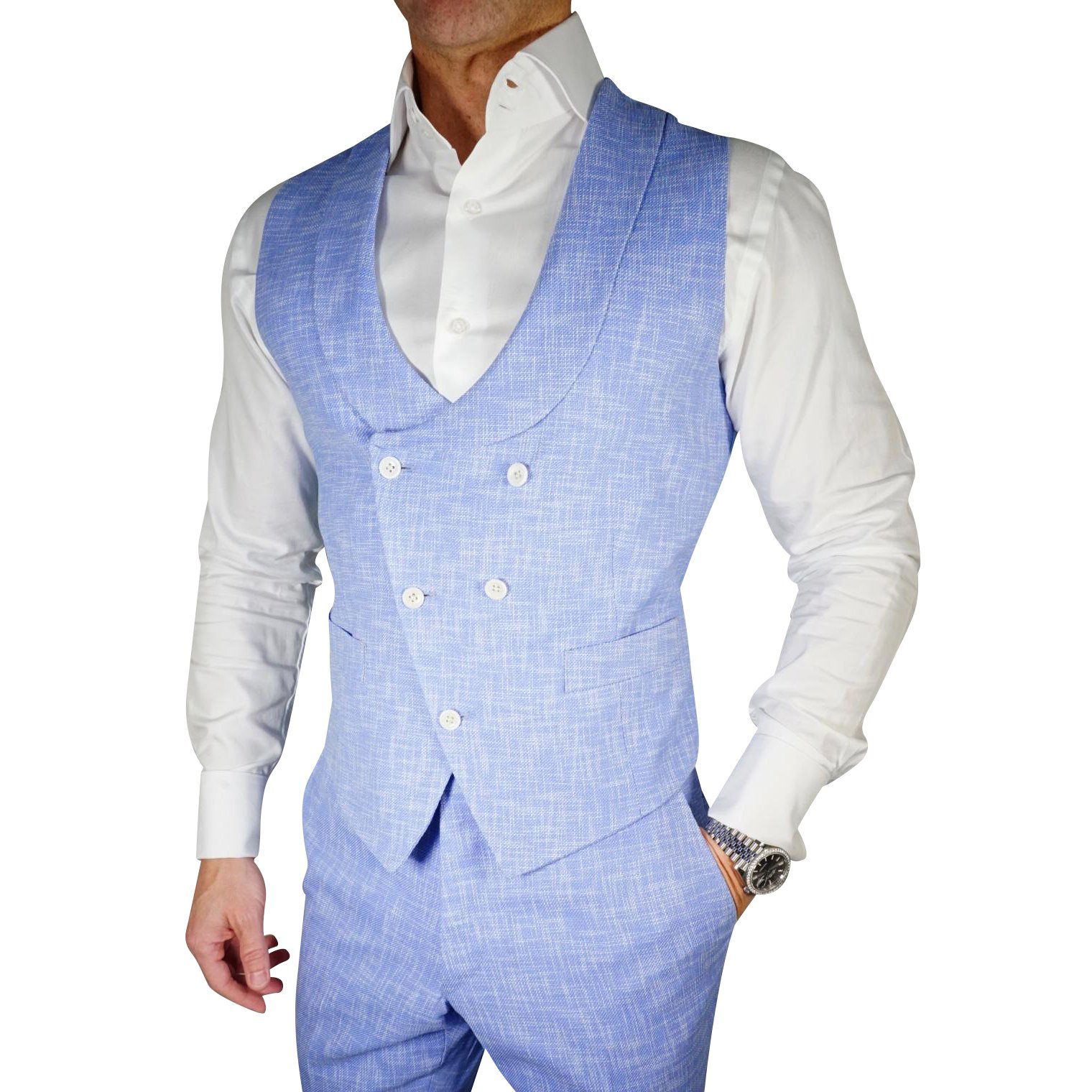 Lilac Blu Lino Tweed Double Breasted Waistcoat @ The Vault