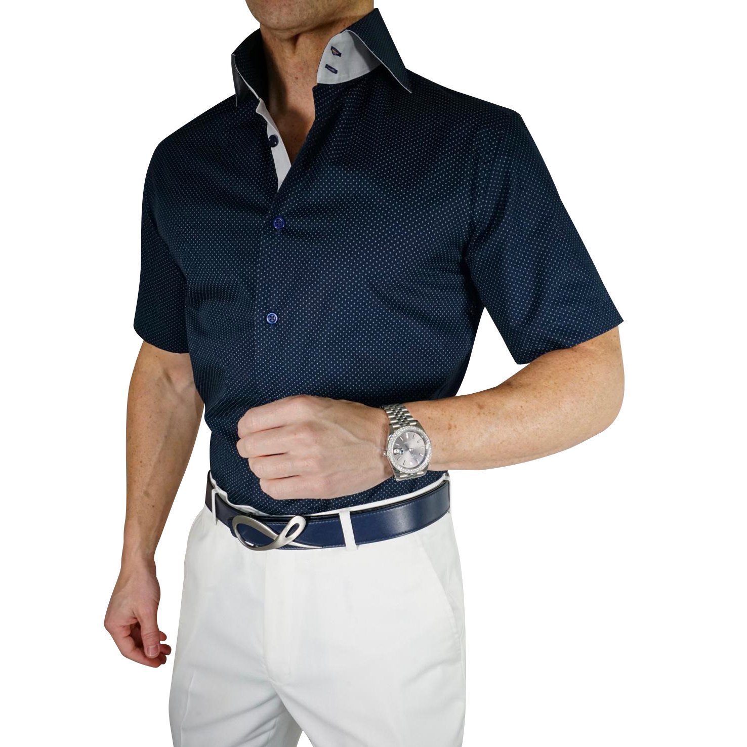 Navy Diamond Pindot Short Sleeve Shirt